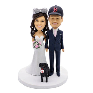 Couple de mariage personnalisé Bobbleheads avec un chien