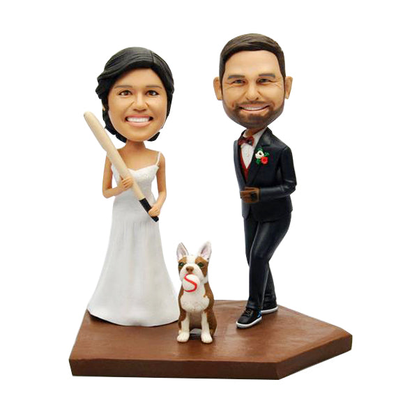 Couple de baseball personnalisé Bobblehead avec un chien