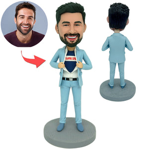 Bobblehead de super papa personnalisé en costume bleu